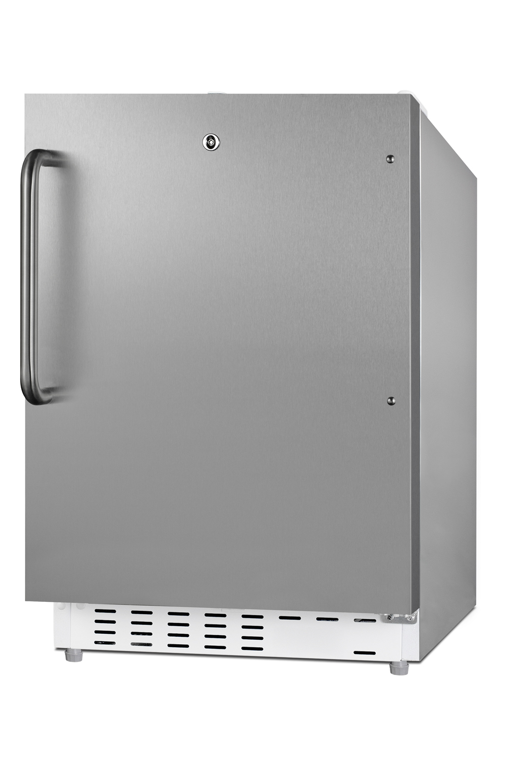 Built-in undercounter ADA compliant refrigerator-freezer with a stainless steel cabinet and reversible SS door, with a towel bar handle for residential use, manual defrost with glass shelves, front lock, and door storage